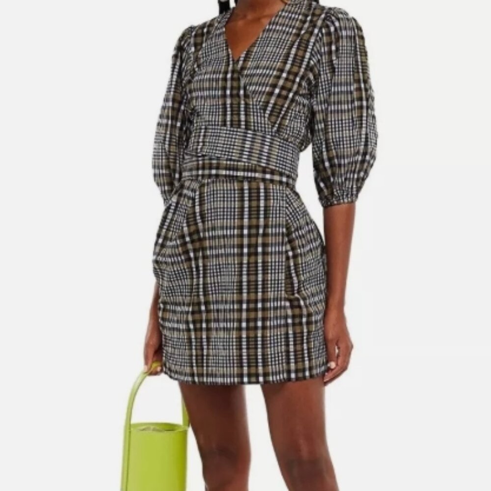 GANNI Checked Cotton-blend Seersucker Neutral Mini Wrap Dress XS (34) $369